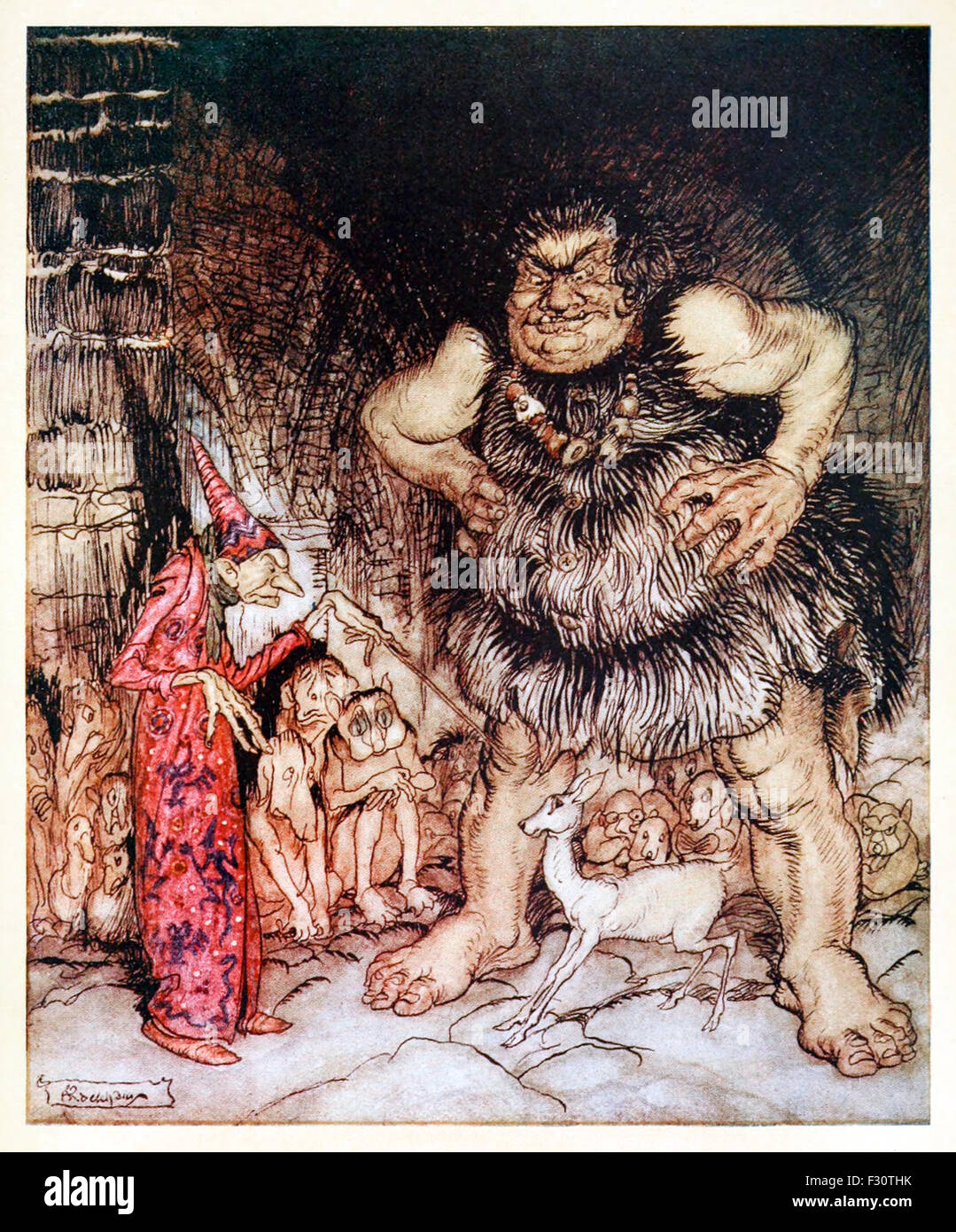 'The giant Galligantua and the wicked old magician transform the duke's daughter into a white hind' from 'Jack the Giant Killer' in 'English Fairy Tales', illustration by Arthur Rackham (1867-1939). See description for more information. Stock Photo