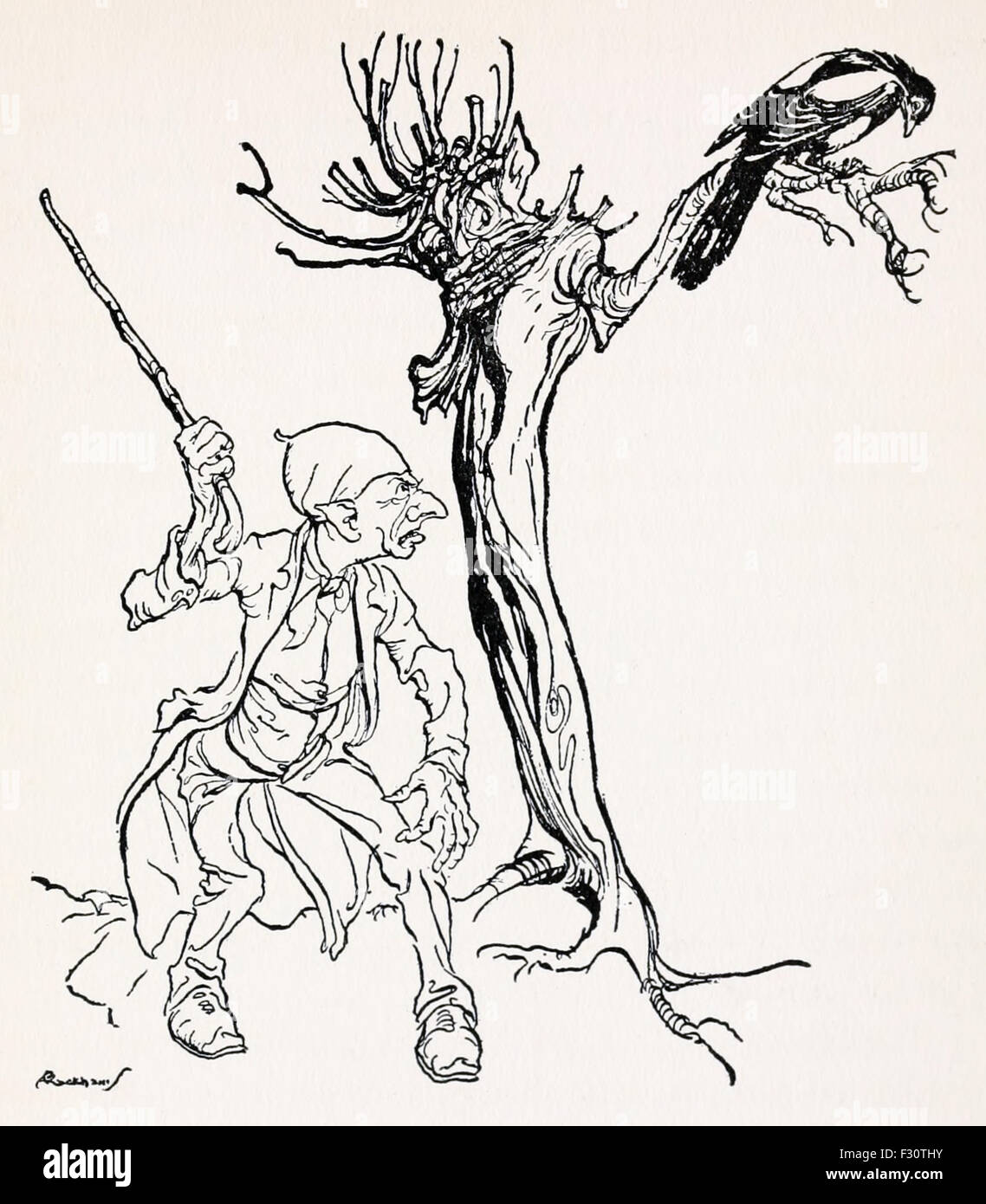 Mr Vinegar throwing his stick at a Magpie in a tree from 'Mr and Mrs Vinegar' in 'English Fairy Tales', illustration by Arthur Rackham (1867-1939). See description for more information. Stock Photo