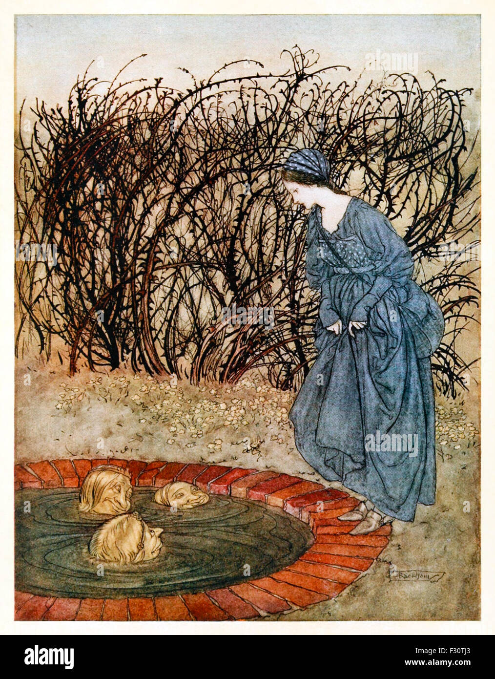 'They thanked her and said good-bye, and she went on her journey.' from 'The Three Heads of the Well' in 'English Fairy Tales', illustration by Arthur Rackham (1867-1939). See description for more information. Stock Photo