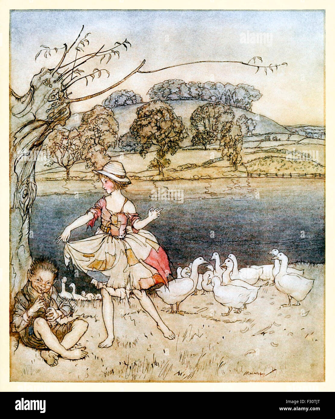 'Tattercoats dancing while the gooseherd pipes.' from 'Tattercoat' in 'English Fairy Tales', illustration by Arthur Rackham (1867-1939). See description for more information. Stock Photo