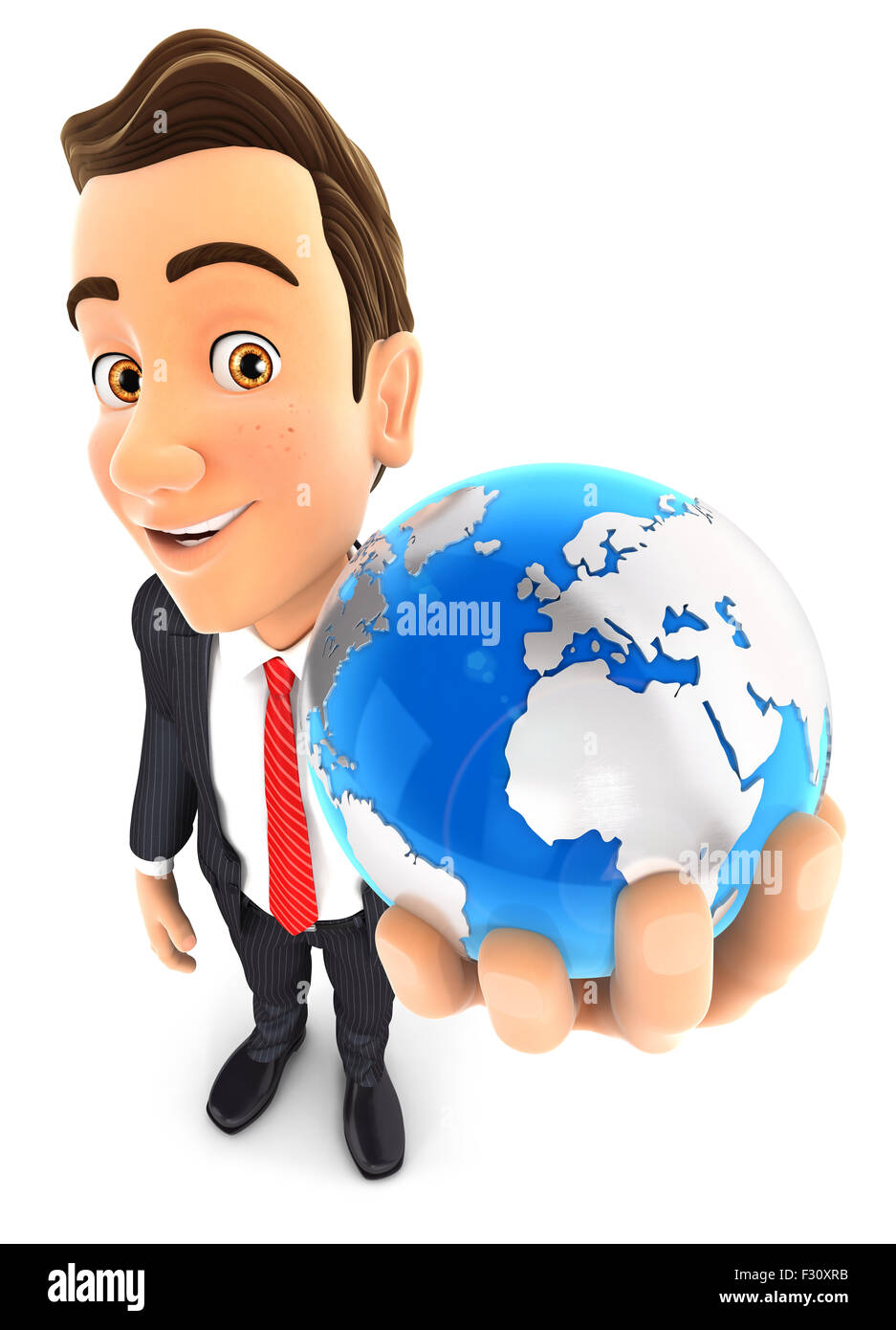 3d businessman holds blue earth, isolated white background Stock Photo