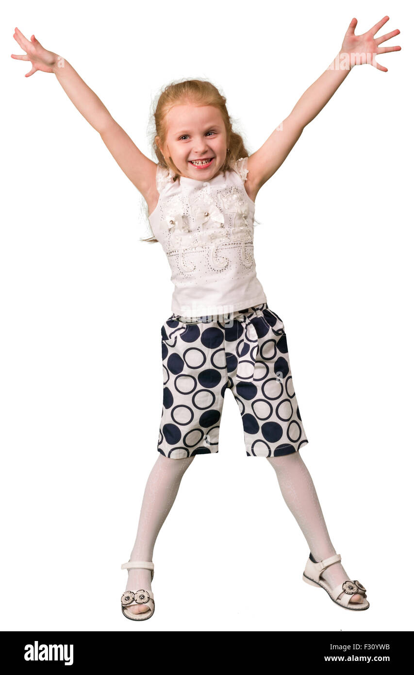 Little girl jumping isolated on white background Stock Photo - Alamy