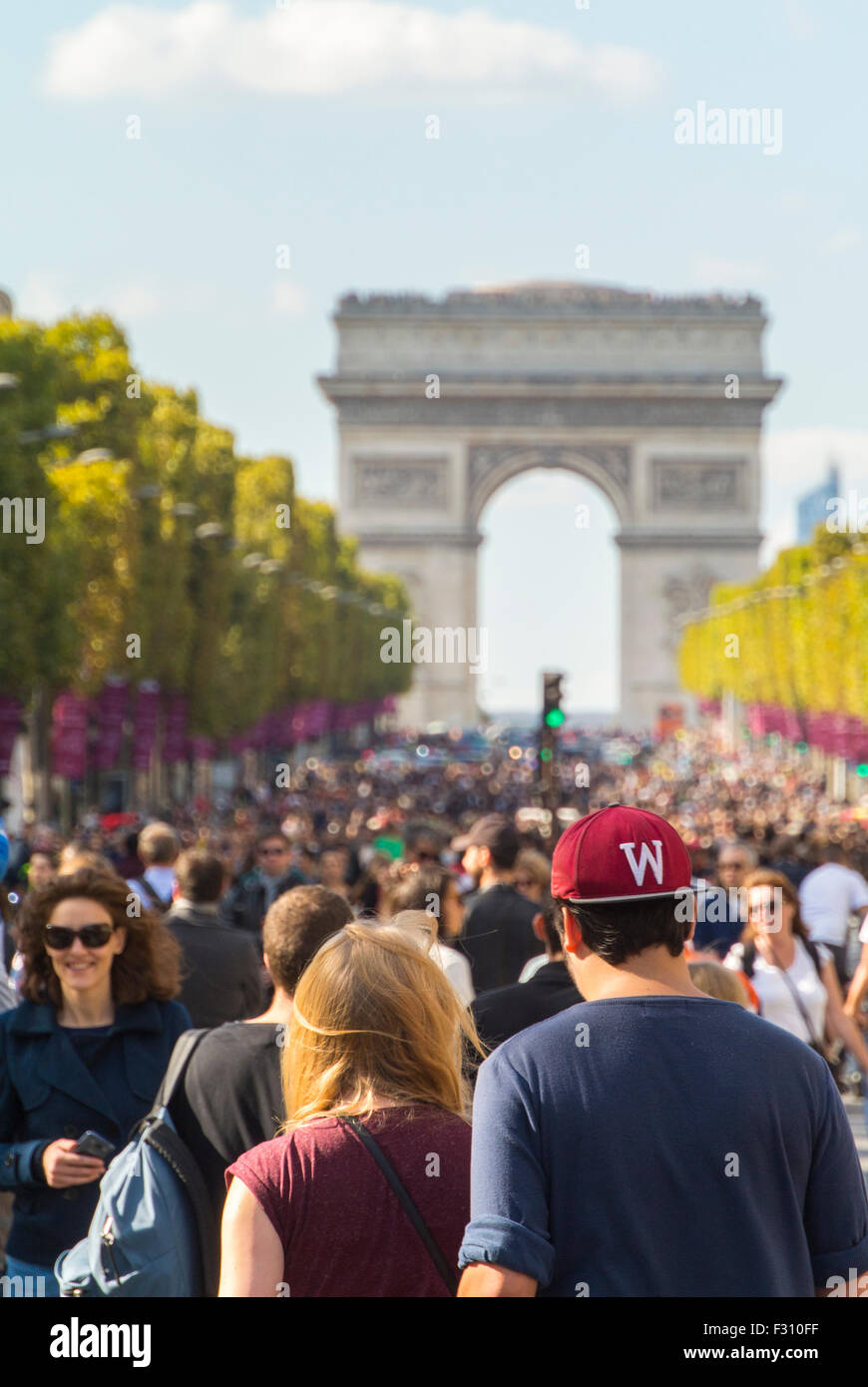 Paris, France. People Participating at Environmental Street Event, 'Journée Sans Voiture', (Day Without Cars) , Avenue des Champs-Elyees, Stock Photo