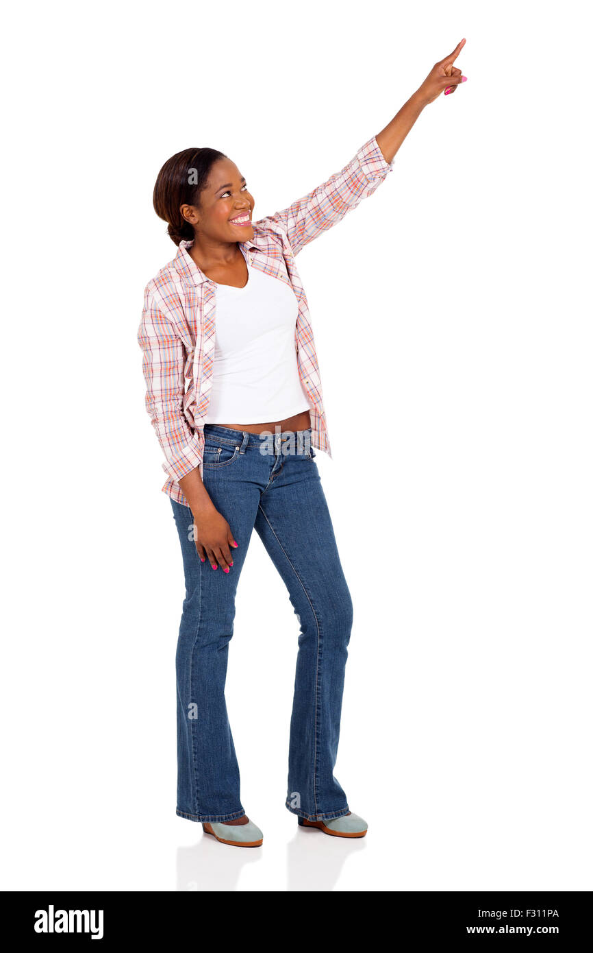 happy young African American woman pointing on white background Stock ...