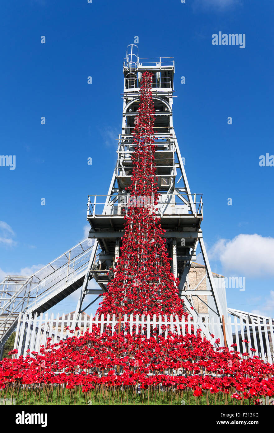 Weeping Window using ceramic poppies by Paul Cummins and Tom Piper,  Woodhorn Colliery, Ashington, Northumberland, England, UK Stock Photo