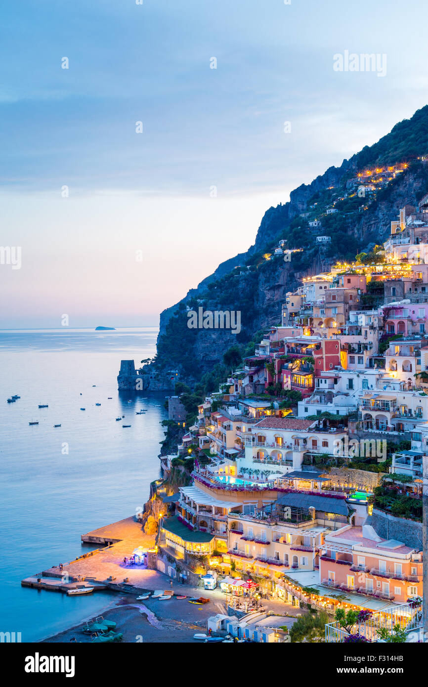 Positano after sunset, Amalfi Coast, Italy, Naples. Stock Photo