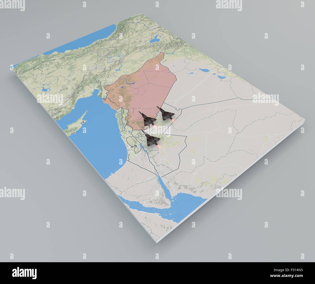 Flat physical map of Syria and military planes on grey background Stock Photo