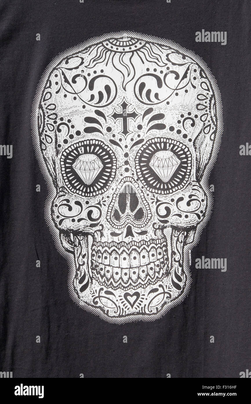 Patterned black and white skull printed on a t shirt Stock Photo