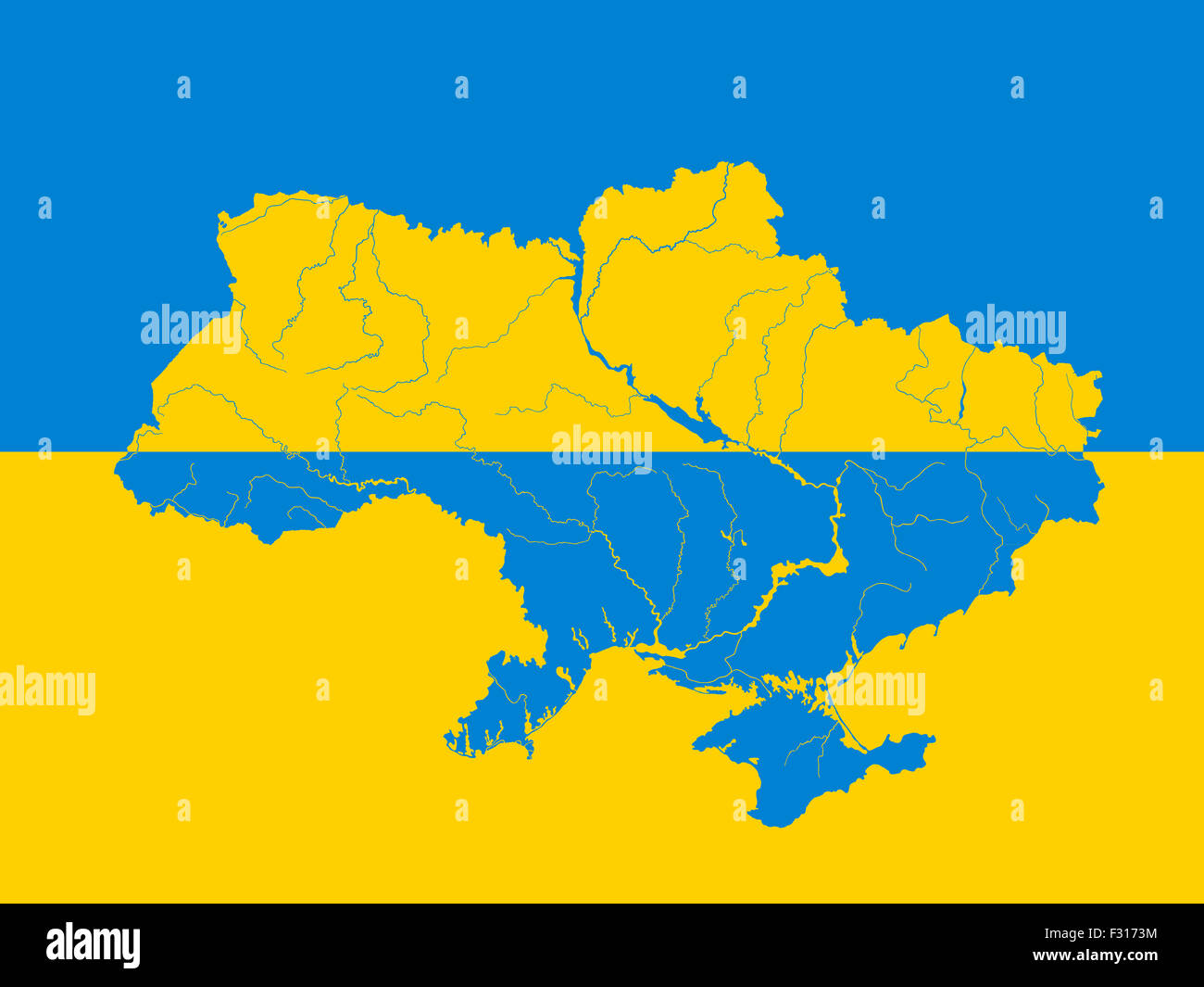 Map of Ukraine on the Ukrainian flag. Rivers are shown Stock Photo - Alamy