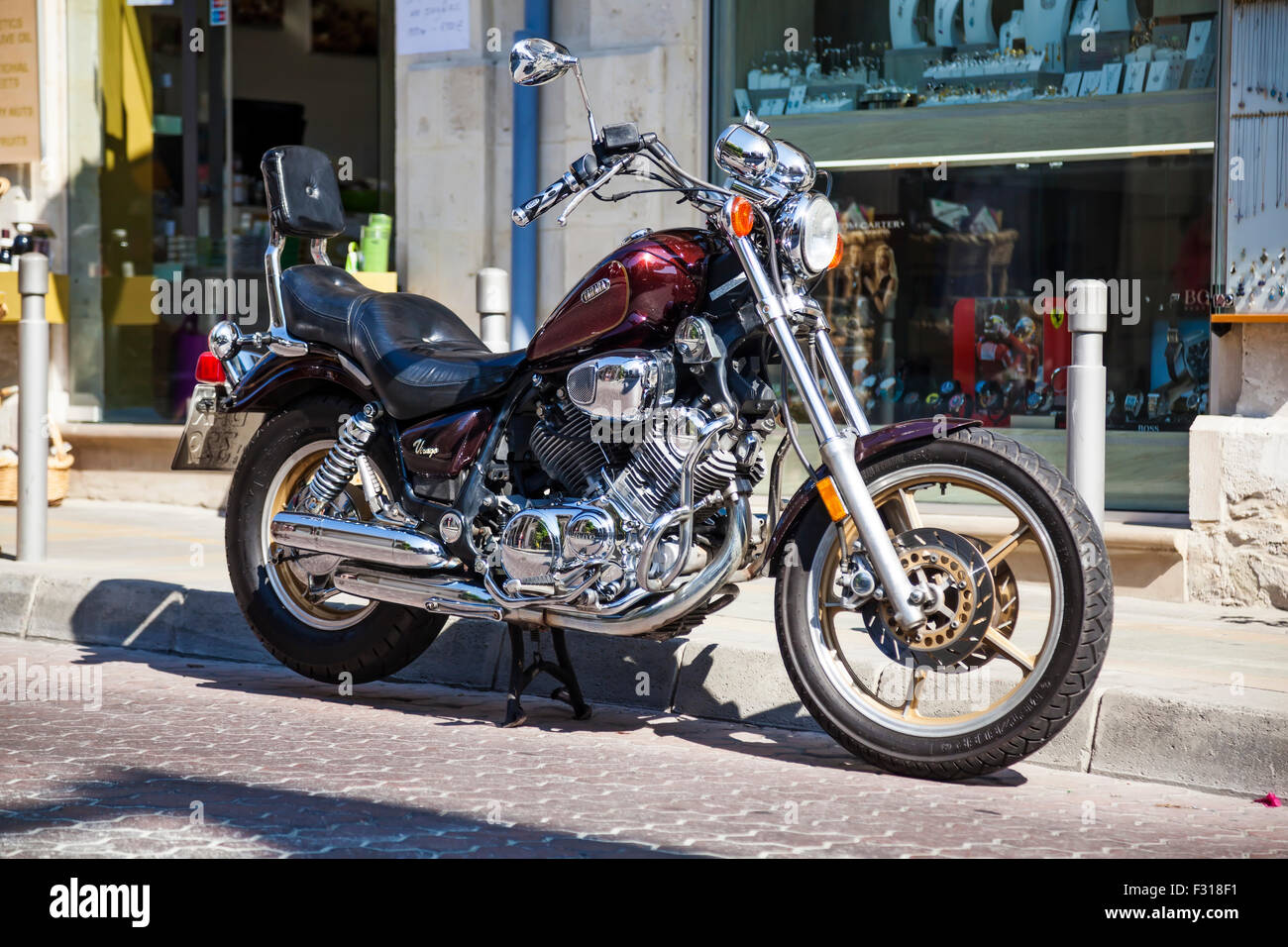 Limassol City (Lemessos), Cyprus - JULY 17, 2015: Yamaha Virago 1100 motorcycle - XV1100 Cruiser on the street Stock Photo