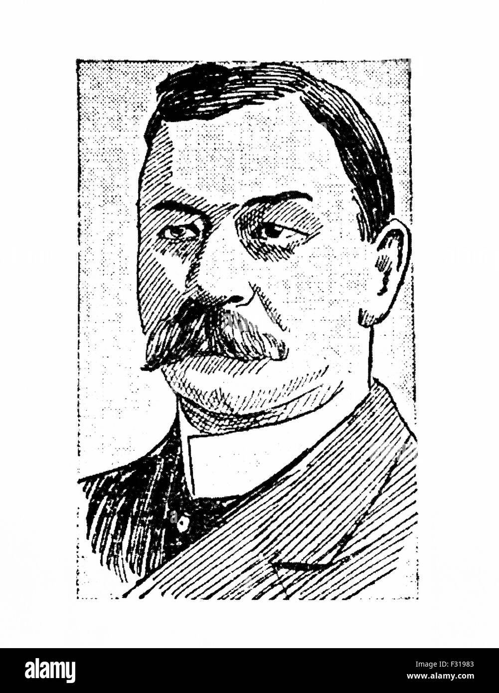 Vintage newspaper portrait of George Siler (1846 - 1908) - one of the most well-known and respected boxing referees of the late 19th and early 20th century. Siler refereed more than 200 bouts during the 1890s and early 1900s, including many world title fights involving famous fighters of the era such as Bob Fitzsimmons, Jim Corbett, Jim Jeffries, Joe Gans and Battling Nelson. He was also a sports writer for the Chicago Times, Chicago Globe and Chicago Tribune. Portrait circa 1901. Stock Photo