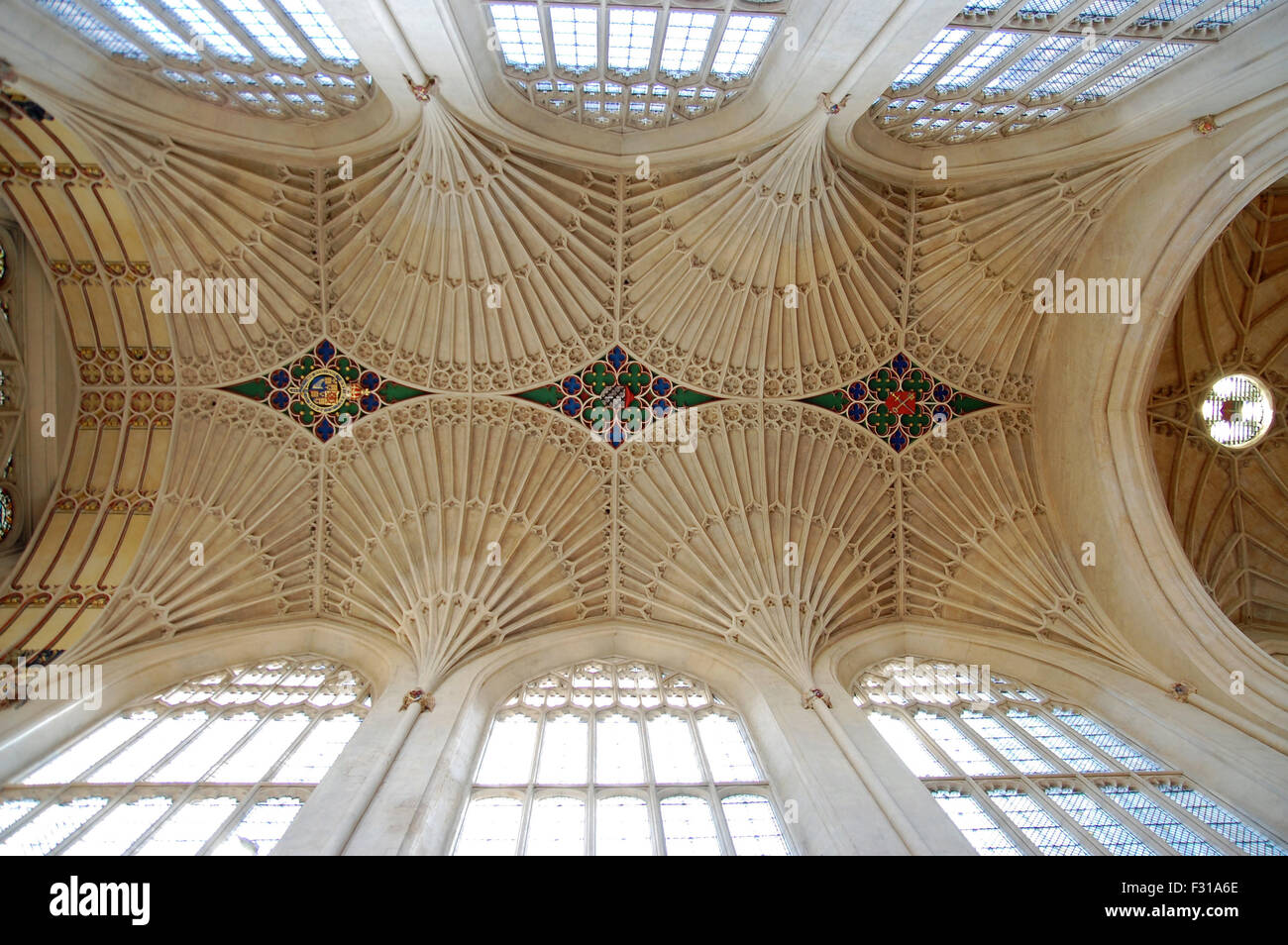 The stone fan vaulting over the nave of Bath Abbey by Sir George Gilbert Scott in Bath, England. Stock Photo