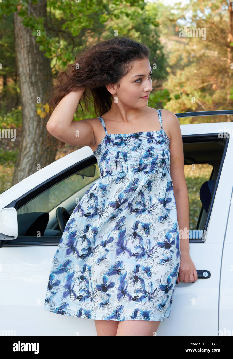 Girl Portrait With White Car Posing On Road Stock Photo Alamy