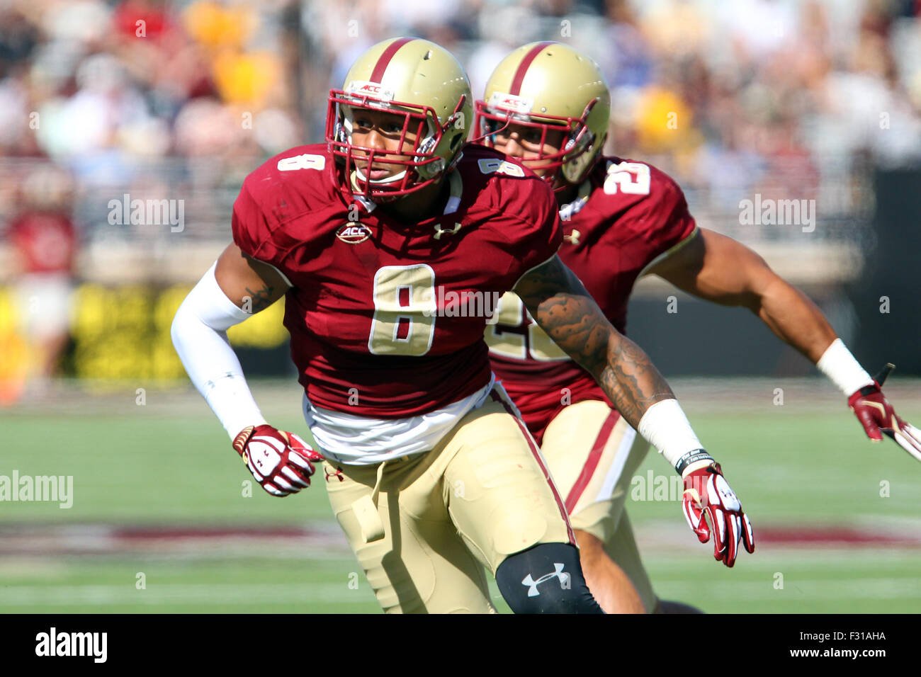 September 26, 2015; Chestnut Hill, MA, USA; Boston College Eagles defensive lineman Harold Landry (8) and Boston College Eagles linebacker Matt Milano (28) in action during the NCAA football game between the Boston College Eagles and Northern Illinois Huskies at Alumni Stadium. Boston College defeated Northern Illinois 17-14. Anthony Nesmith/Cal Sport Media Stock Photo