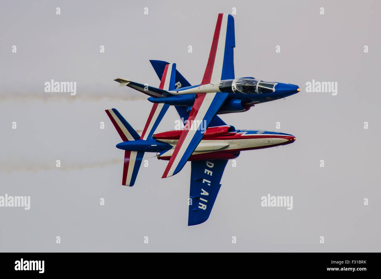 Patrouille Acrobatique de France (French Acrobatic Patrol) also known as the Patrouille de France or PAF, is French air display team. Alpha Jet plane Stock Photo