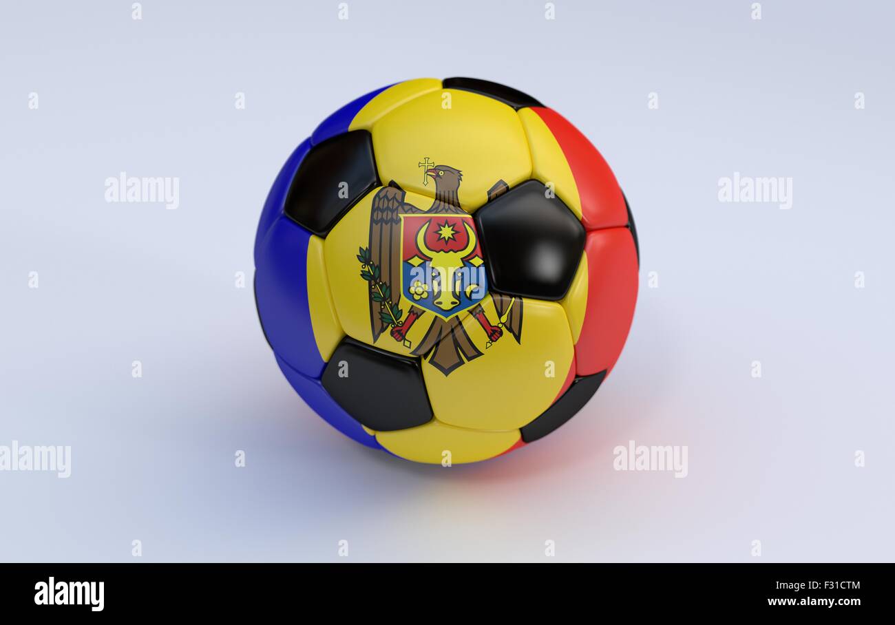 Moldova flag on soccer, football ball on white background Stock Photo