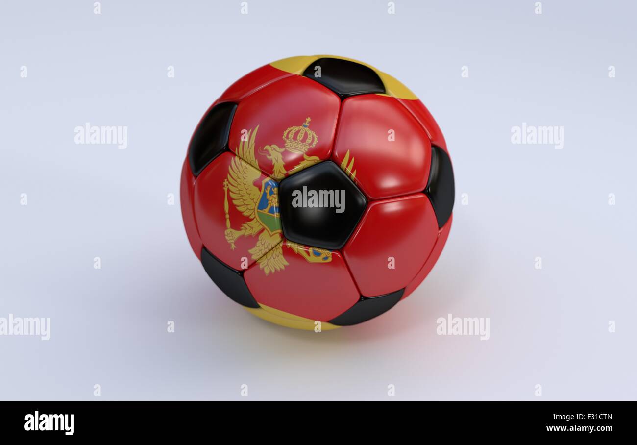 Montenegro flag on soccer, football ball on white background Stock
