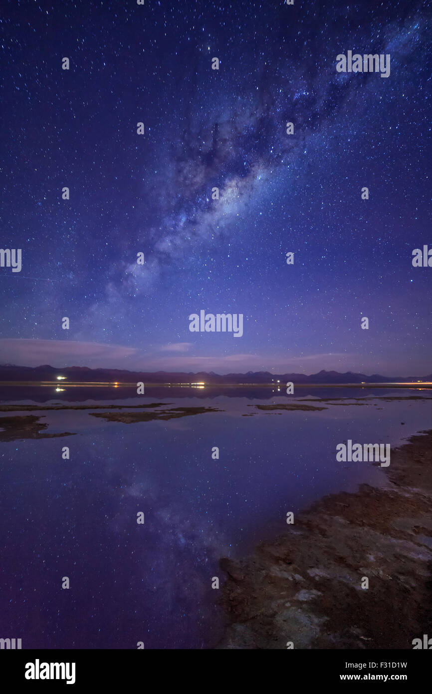 Milky Way reflected over Laguna Tebinquinche (Atacama, Chile) Stock Photo