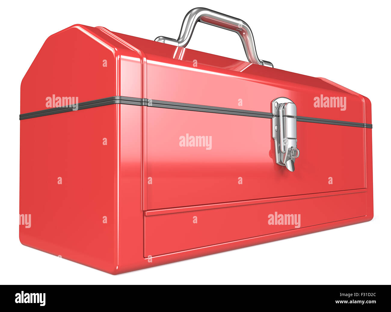 Classic red metal Toolbox. Perspective view. White background. Stock Photo
