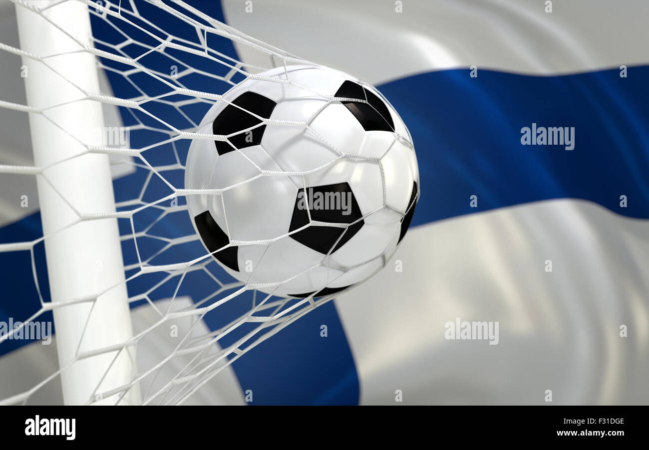 Finland flag and soccer ball, football in goal net Stock Photo - Alamy