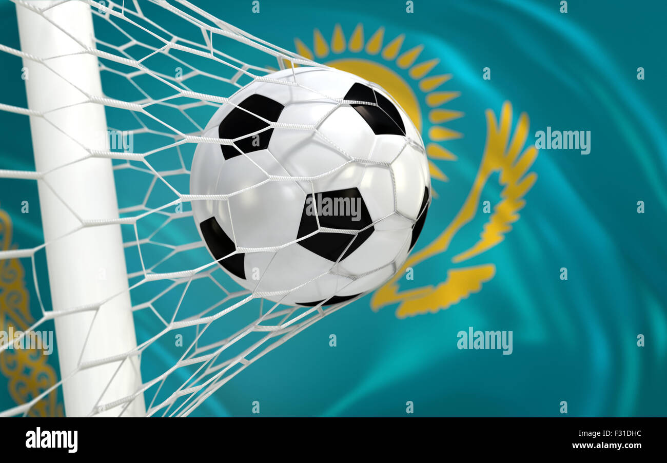 Kazakhstan flag and soccer ball, football in goal net Stock Photo - Alamy