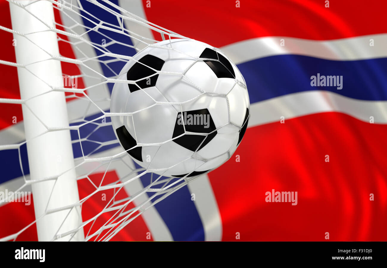 Norway flag and soccer ball, football in goal net Stock Photo - Alamy