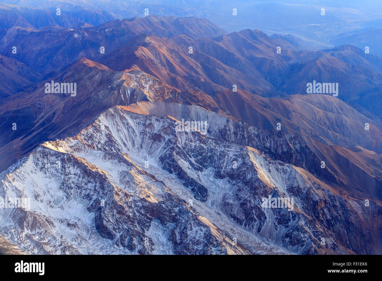 Aerial view of the Andes Mountains between Chile and Argentina Stock Photo