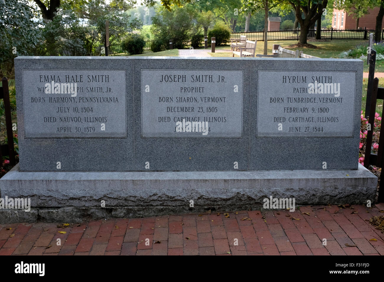 Graves of Joseph Smith, Jr., Emma Hale Smith and Hyrum Smith in Nauvoo, Illinois Stock Photo