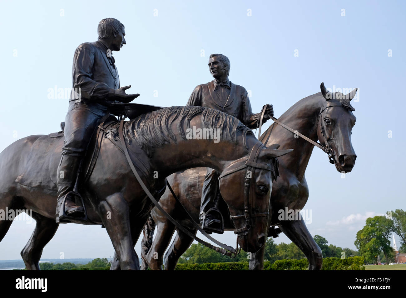 Statue of Joseph and Hyrum Smith in front of Mormon temple in Nauvoo