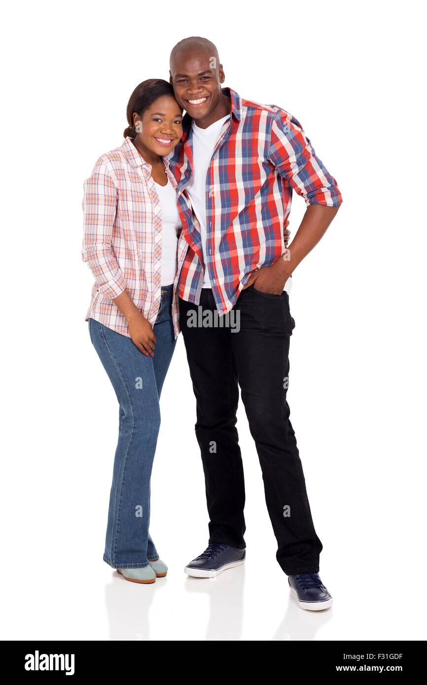 portrait of happy young afro American couple posing on white background ...