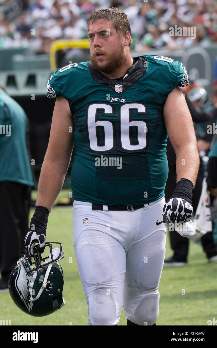September 27, 2015, Philadelphia Eagles guard Andrew Gardner (66) looks on  during the NFL game between the Philadelphia Eagles and the New York Jets  at MetLife Stadium in East Rutherford, New Jersey.
