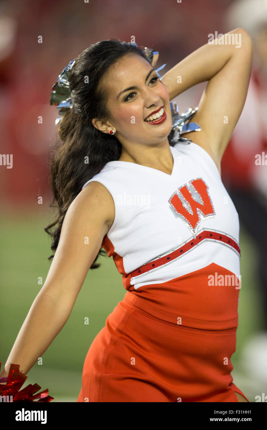 Madison, Wisconsin, USA. 26th September, 2015. Wisconsin cheerleader entertains the crowd during the NCAA Football game between the Hawaii Rainbow Warriors and the Wisconsin Badgers at Camp Randall Stadium in Madison, WI. Wisconsin defeated Hawaii 28-0. Credit:  Cal Sport Media/Alamy Live News Stock Photo