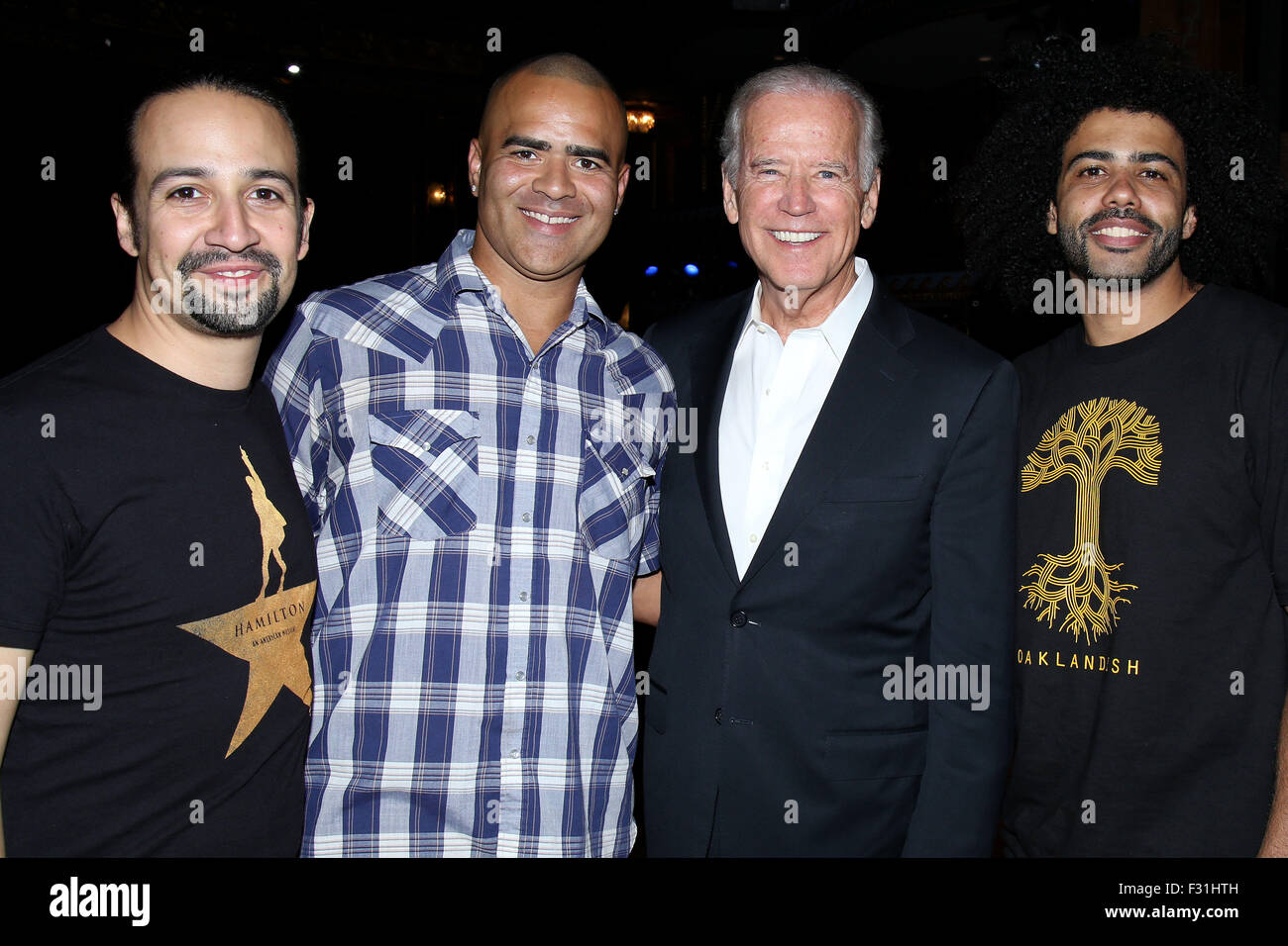 Vice President of the United States Joe Biden visits the cast of the  Broadway musical Hamilton at the Richard Rodgers Theatre. Featuring:  Lin-Manuel Miranda, Christopher Jackson, Joe Biden, Daveed Diggs Where: New