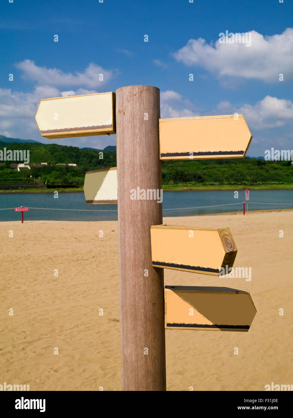 Blank sign post leading five ways Stock Photo