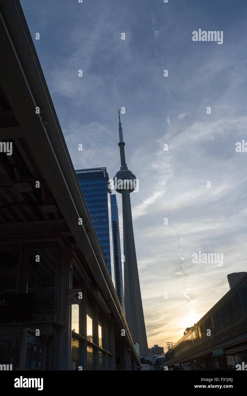 CN Tower viewed from Union Station at dusk in Toronto Ontario, Canada ...