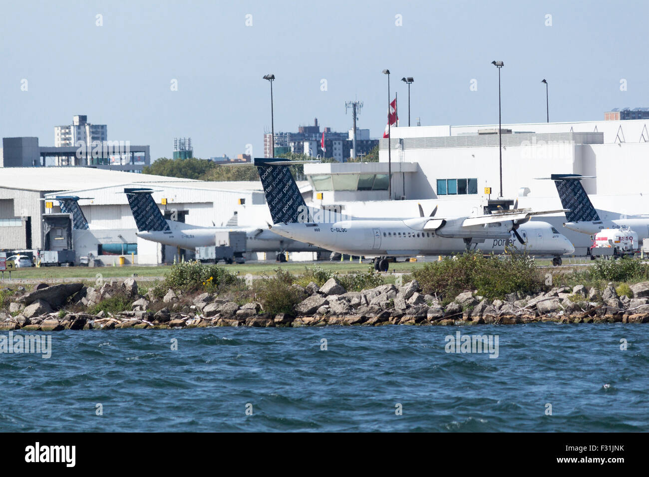Porter Airlines planes on tarmac at Billy Bishop Airport on the Toronto Islands in Toronto, Ontario, Canada Stock Photo