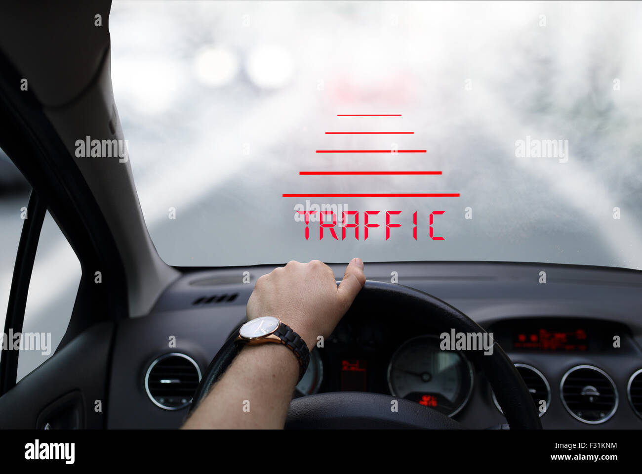 Head-up system technology in car in foggy morning Stock Photo