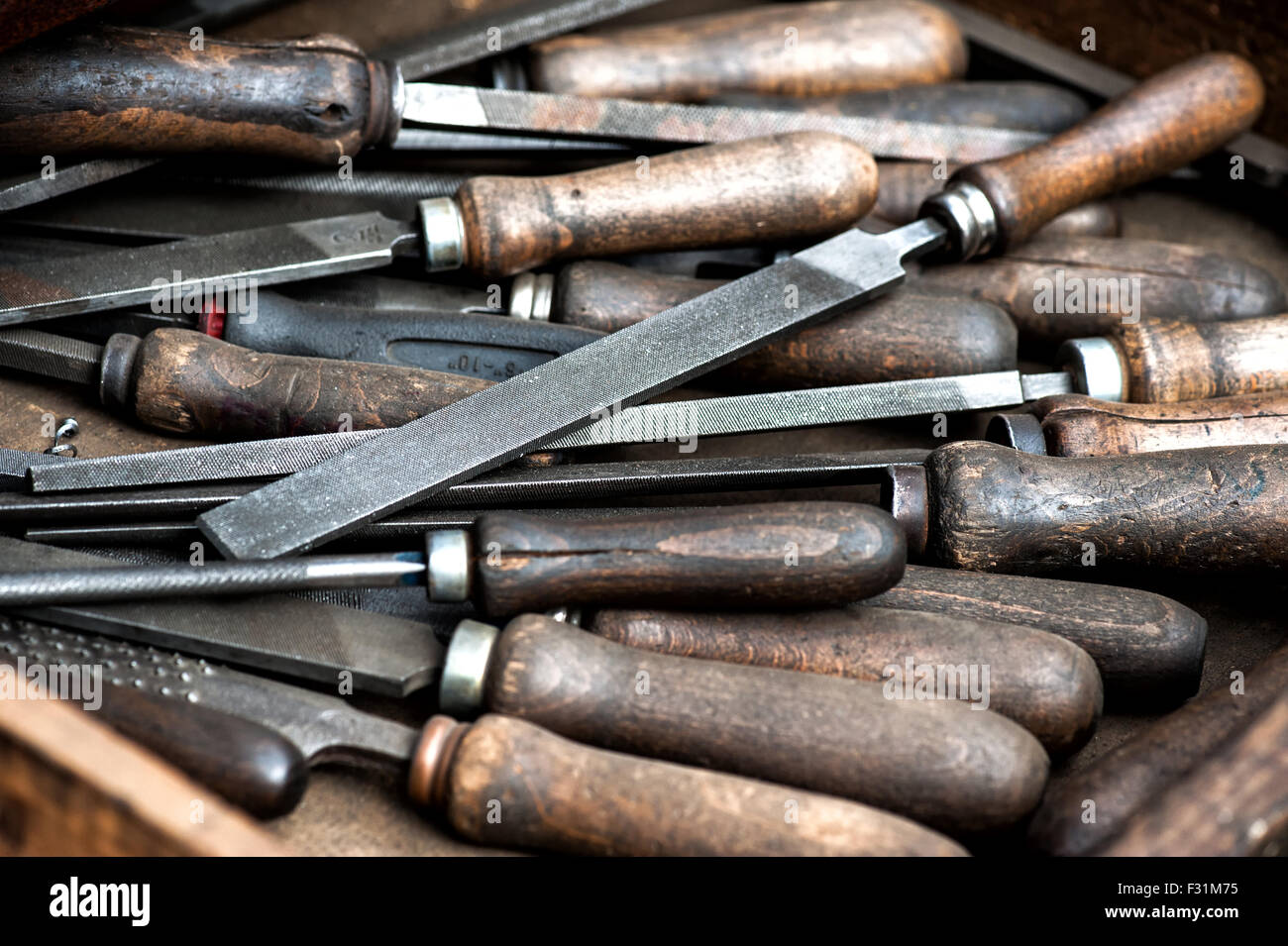 Collection of old rasps or files with various rough metal blades Stock
