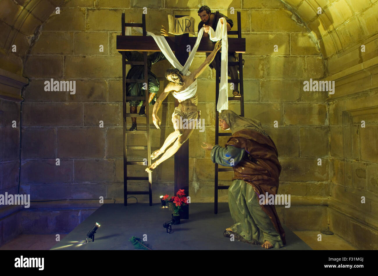 Depiction of Christ being removed from the cross in San Sebastian cathedral in San Sebastian, Spain Stock Photo