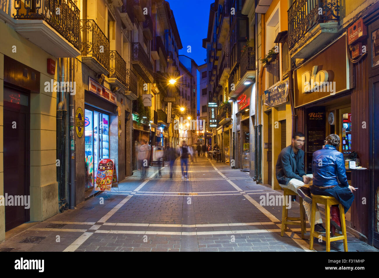 Evening street view of central Pamplona, Spain. Image taken on the Calle San Nicolas Stock Photo