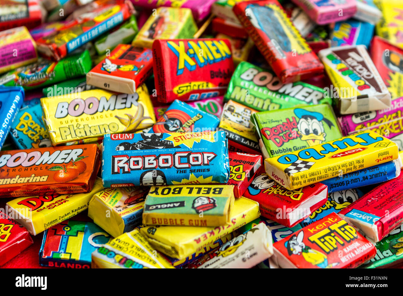 Many various colorful chewing or bubble gum including Turbo, BomBibom, Donald Duck, Dunkin, Robocop, X-Men, Minti Stock Photo