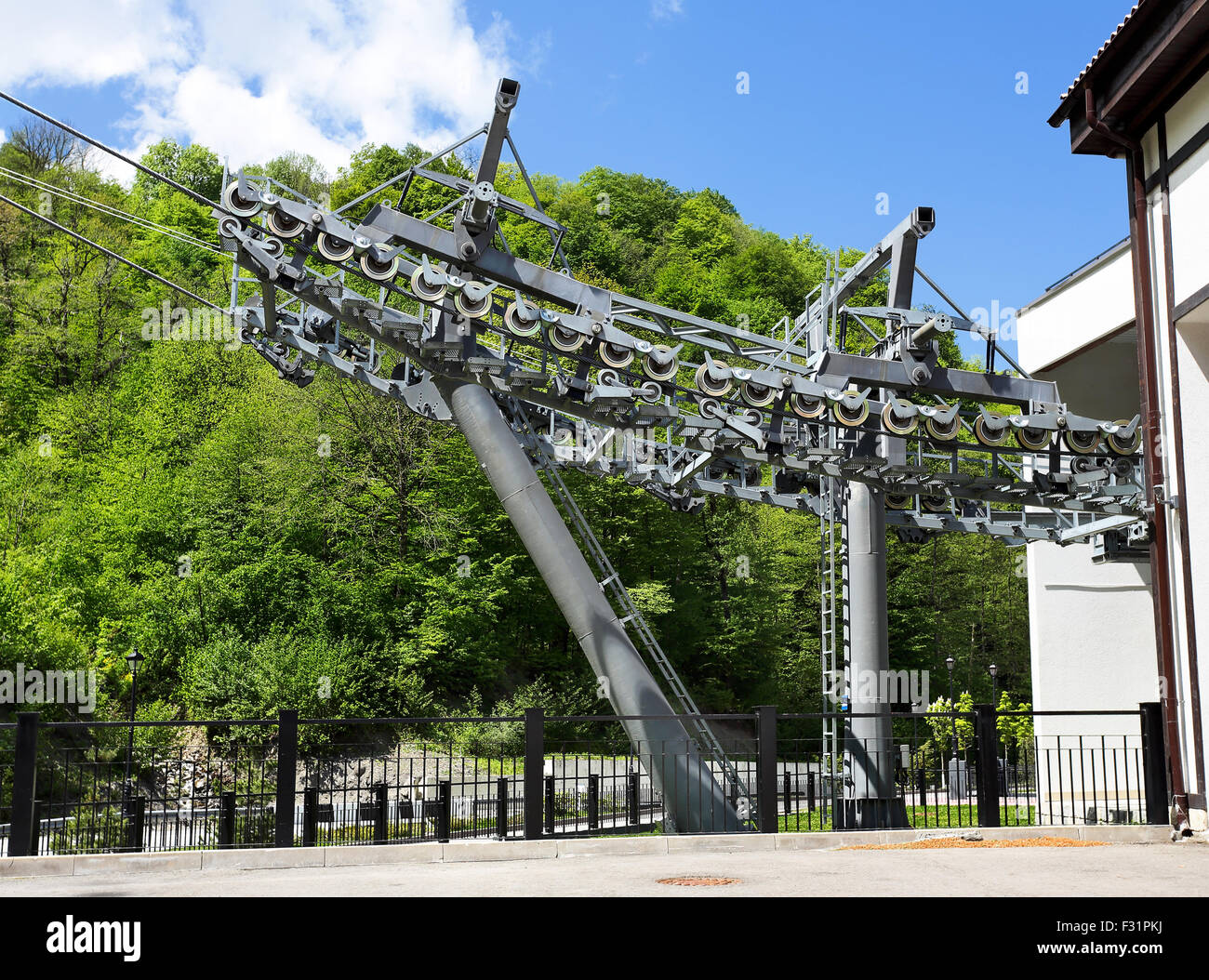 Technical facility in the lower station of ski lifts in the mountain resort Stock Photo