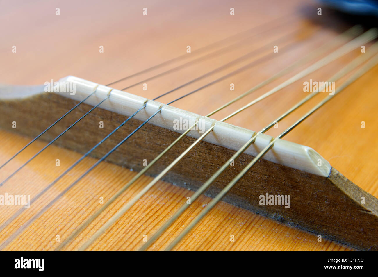 Bridge and strings of Mandolin. Stock Photo