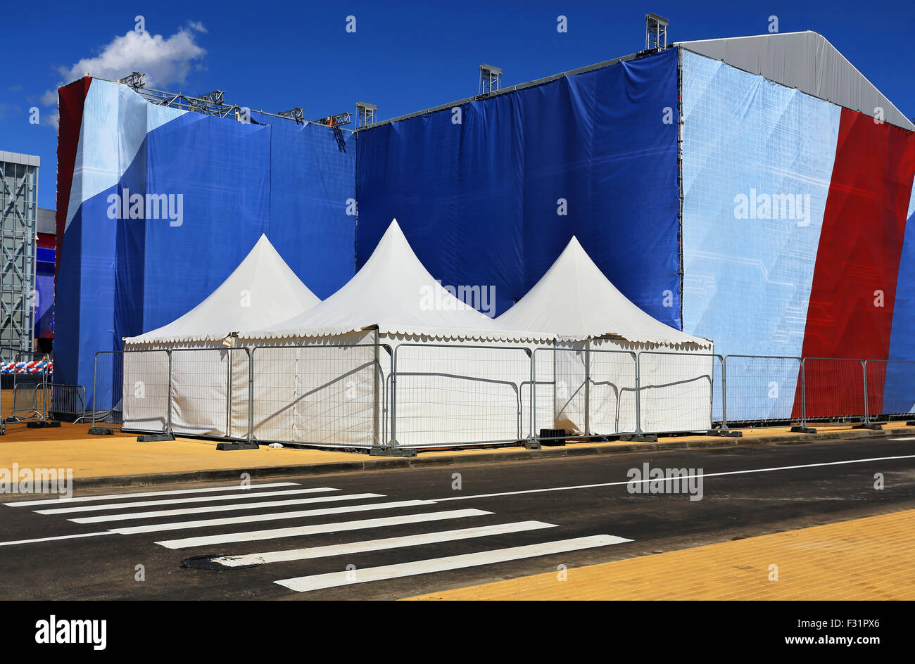 White tents at the exhibition camp appointed as pavilions Stock Photo
