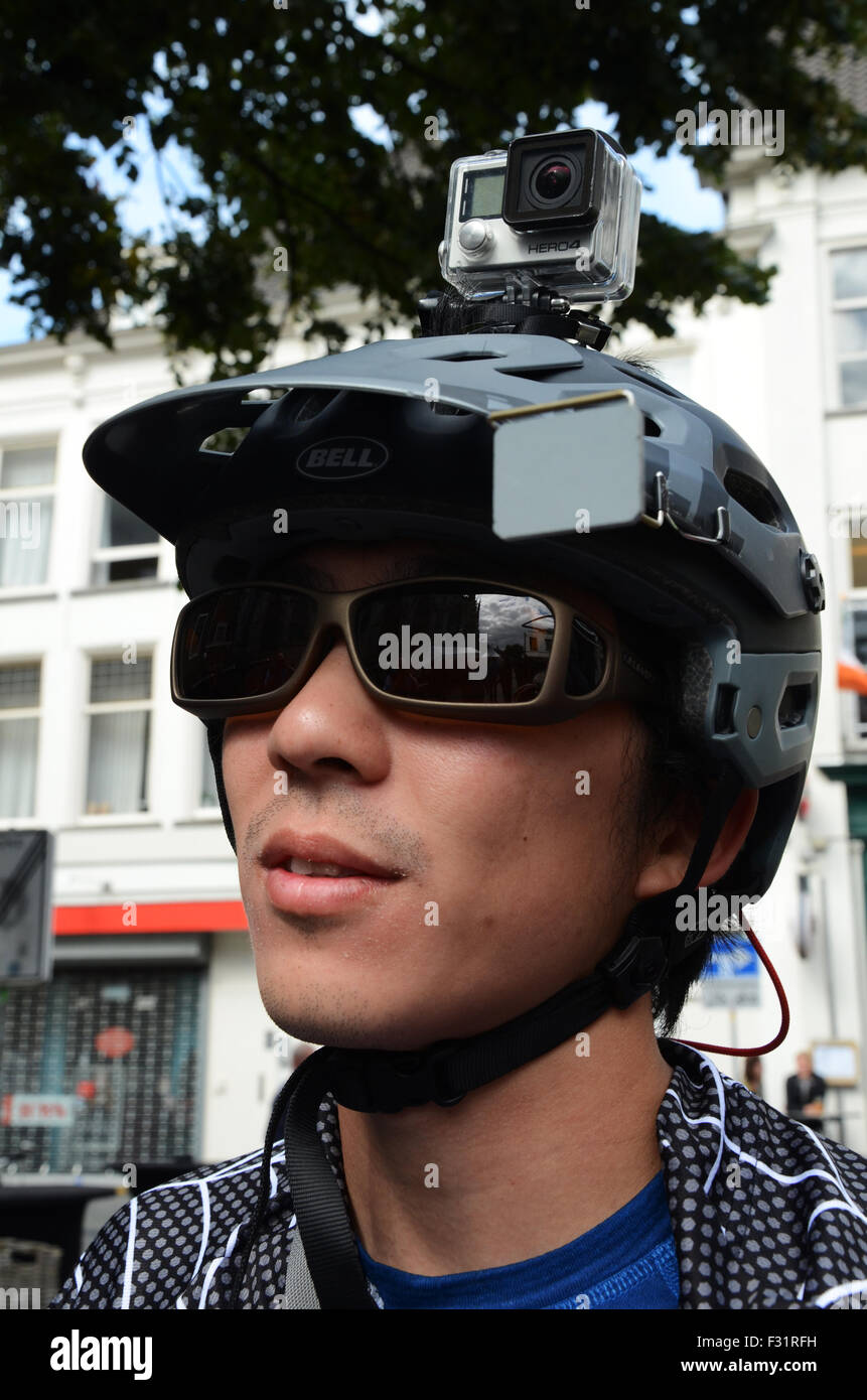 Asian cyclist with action camera on his helmet Stock Photo