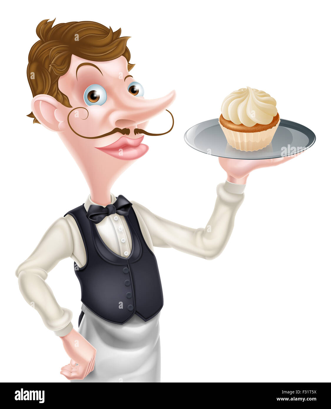 An illustration of a cartoon waiter or baker holding a tray with a cupcake on it Stock Photo
