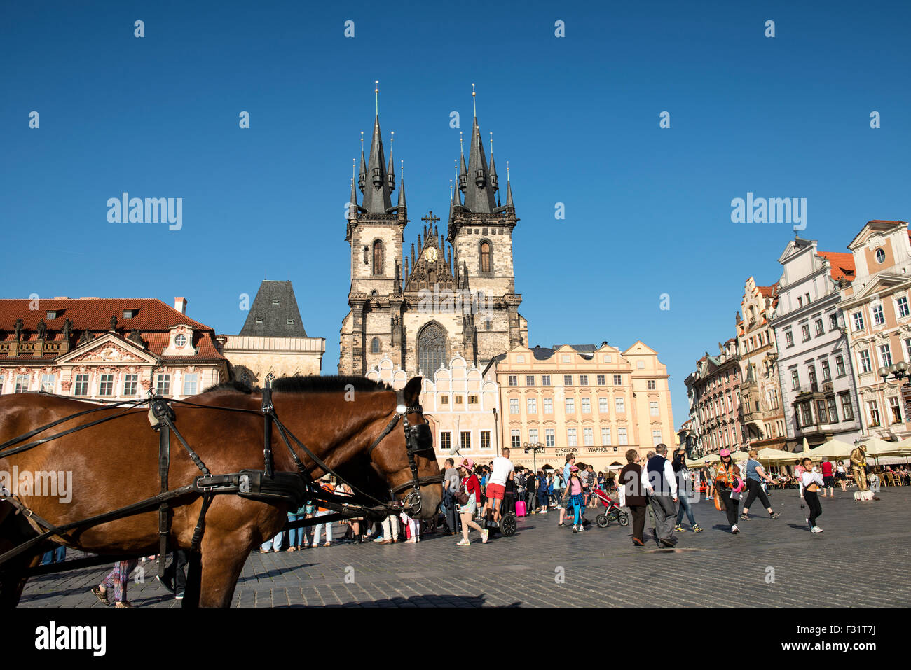 Prague, Czech Republic - June 4, 2015: The Church of Our Lady before Tyn is a dominant feature of the Old Town of Prague, Czech Stock Photo