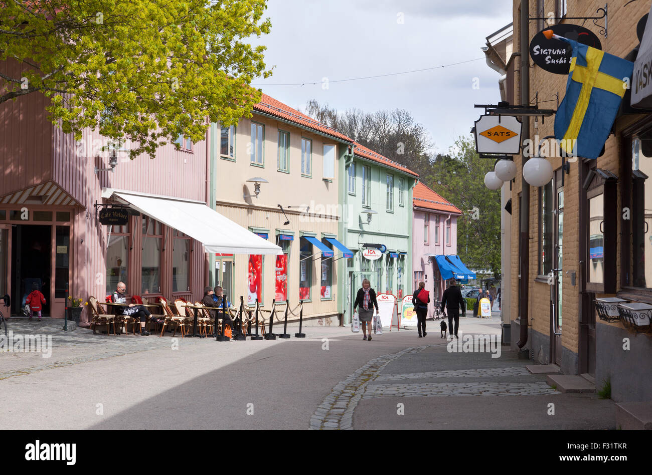 SIGTUNA, SWEDEN ON MAY 03, 2015. Street view of a small town in early spring. Unidentified people. Editorial use. Stock Photo