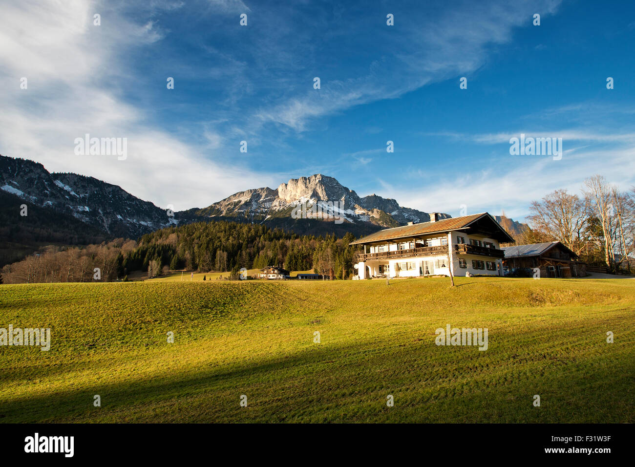 Beautiful mountain landscape in the Bavarian Alps with typical houses