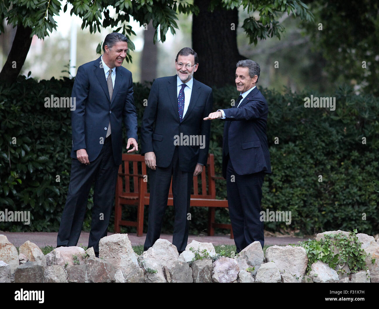 BARCELONA, SPAIN - SEPTEMBER 25: Former French President Nicolas Sarkozy, right, Popular Party in Catalonia candidate for the upcoming Catalan regional election Xavier Garcia Albiol, left, and Spanish Prime Minister Mariano Rajoy shake hands prior to an electoral meeting in Barcelona, Spain, Friday, Sept. 25, 2015. Catalans vote Sunday in regional parliamentary elections that the breakaway camp hopes will give them a mandate to put their region on a path toward independence a goal the Madrid central government says would be illegal on September 25, 2015 in Barcelona, Spain. Photo by Elkin Caba Stock Photo